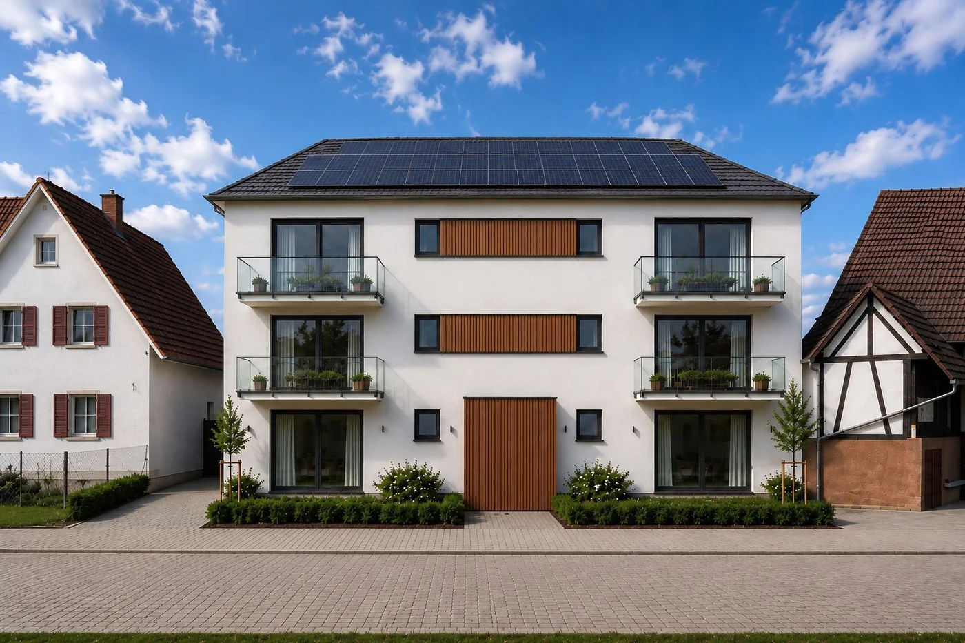 Straßenansicht des Neubaus Neue Schulstraße 4 in Holzbauweise bei Tag