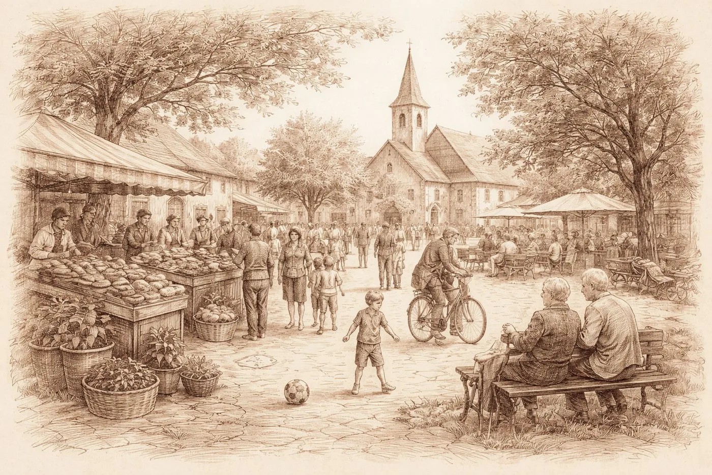 Historische Dorfmitte: Marktplatz mit Kirche und Nachbarn im Gespräch